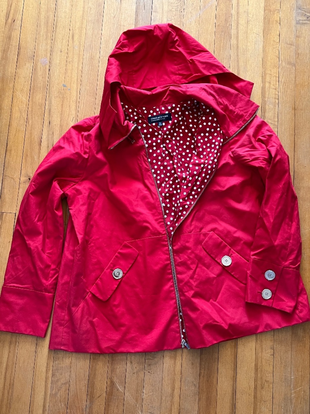 Red hooded flare fit jacket, women's size M